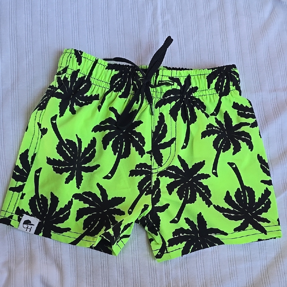 George Kids Swim Trunks with Neon Green and Black Palm Design